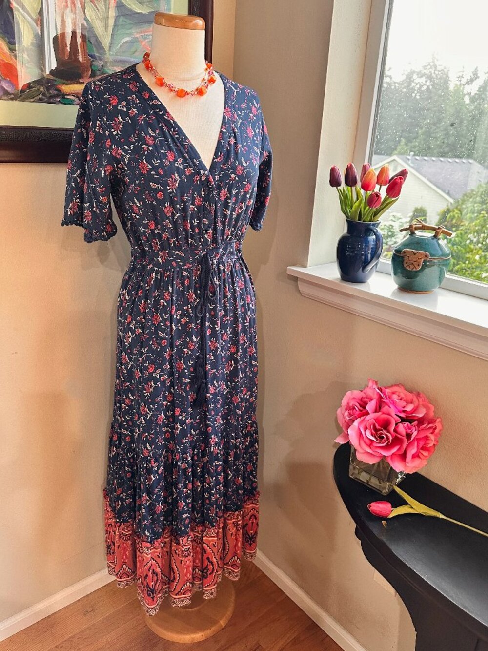 Navy & Coral 30's Style Floral Rayon Border Print Day Dress  by R. Vioimos - M